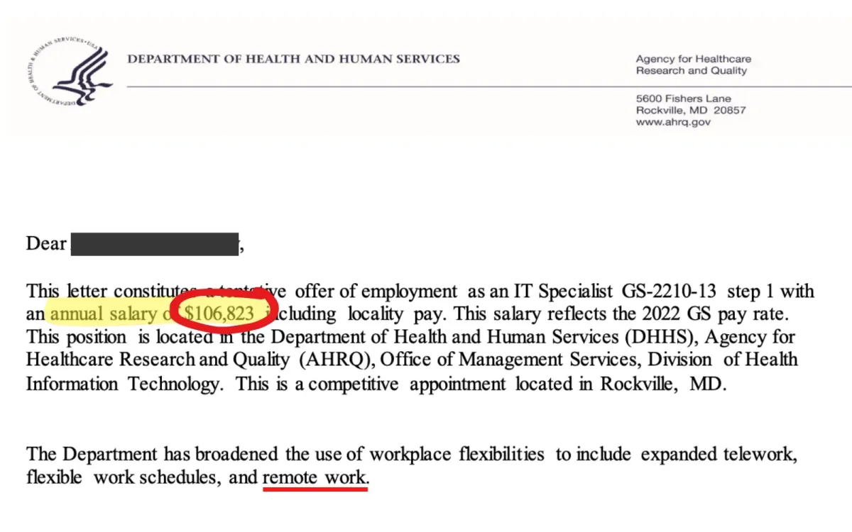 IT Specialist offer letter from HHS showing remote work eligibility