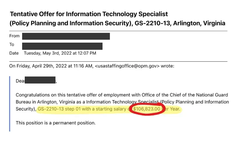 GS-13 IT Specialist offer letter showing $106,823 salary