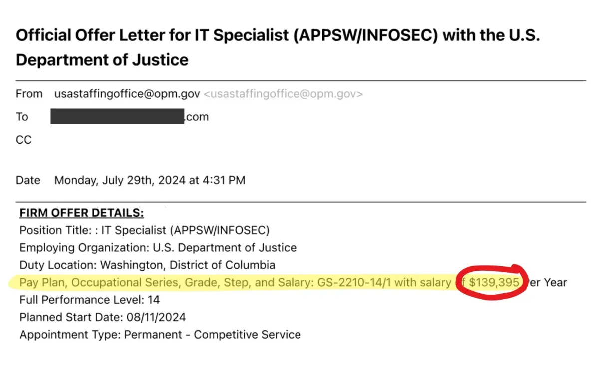 GS-14 IT Specialist offer letter from U.S. Department of Justice showing $139,395 salary