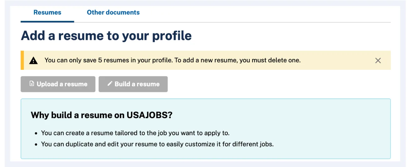 The USAJOBS resume screen with two choices, Upload a resume and Build a resume, and a note that a built resume can be tailored and duplicated for different jobs.